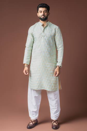 Light green color jacquard designer ethnic men's kurta payjama for festive looks