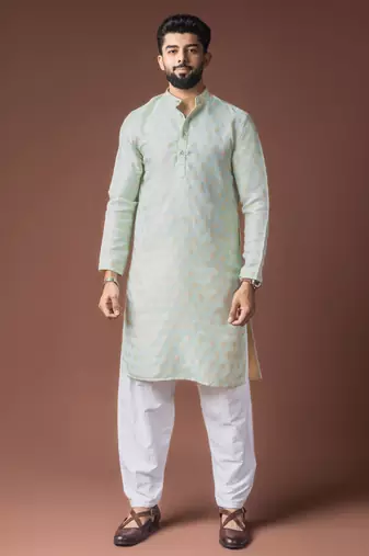 Light green color jacquard designer ethnic men's kurta payjama for festive looks