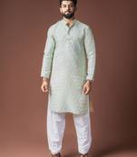 Light green color jacquard designer ethnic men's kurta payjama for festive looks