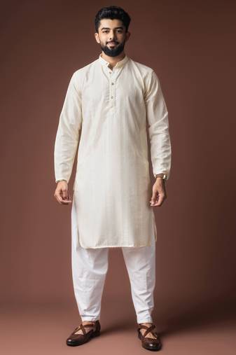 White color beautiful thread embroidery work rayon fabric ceremonial men's kurta payjama