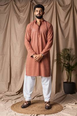 Reddish orange color beautiful thread embroidery work rayon fabric ceremonial men's kurta payjama 1