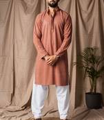 Reddish orange color beautiful thread embroidery work rayon fabric ceremonial men's kurta payjama