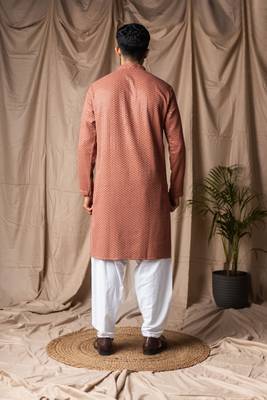 Reddish orange color beautiful thread embroidery work rayon fabric ceremonial men's kurta payjama 2