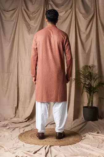 Reddish orange color beautiful thread embroidery work rayon fabric ceremonial men's kurta payjama