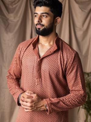 Reddish orange color beautiful thread embroidery work rayon fabric ceremonial men's kurta payjama 3
