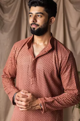 Reddish orange color beautiful thread embroidery work rayon fabric ceremonial men's kurta payjama