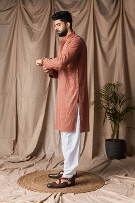 Reddish orange color beautiful thread embroidery work rayon fabric ceremonial men's kurta payjama 4