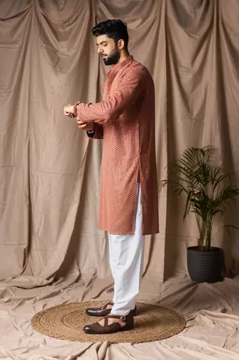 Reddish orange color beautiful thread embroidery work rayon fabric ceremonial men's kurta payjama