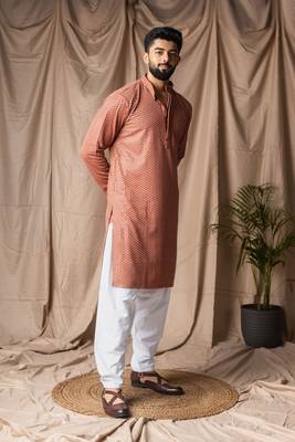 Reddish orange color beautiful thread embroidery work rayon fabric ceremonial men's kurta payjama 5