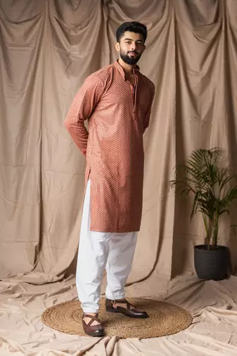 Reddish orange color beautiful thread embroidery work rayon fabric ceremonial men's kurta payjama