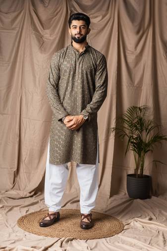 Mehandi green color beautiful thread embroidery work rayon fabric ceremonial men's kurta payjama