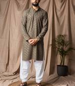 Mehandi green color beautiful thread embroidery work rayon fabric ceremonial men's kurta payjama