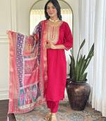 Gorgeous Embroidery Chanderi Silk Straight Kurta Pant with Dupatta Set