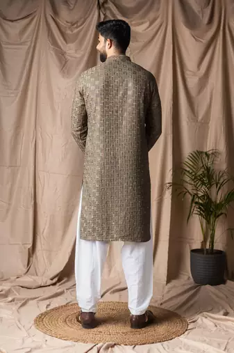 Mehandi green color beautiful thread embroidery work rayon fabric ceremonial men's kurta payjama
