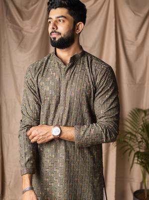 Mehandi green color beautiful thread embroidery work rayon fabric ceremonial men's kurta payjama 3