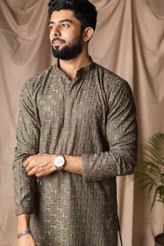 Mehandi green color beautiful thread embroidery work rayon fabric ceremonial men's kurta payjama