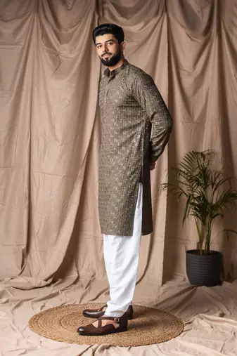 Mehandi green color beautiful thread embroidery work rayon fabric ceremonial men's kurta payjama