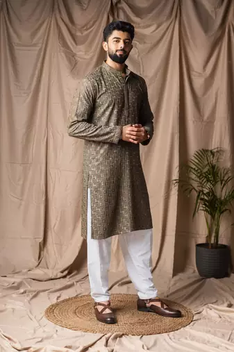 Mehandi green color beautiful thread embroidery work rayon fabric ceremonial men's kurta payjama