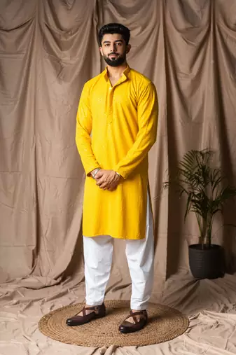 Light yellow color beautiful thread embroidery work rayon fabric ceremonial men's kurta payjama