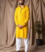 Light yellow color beautiful thread embroidery work rayon fabric ceremonial men's kurta payjama