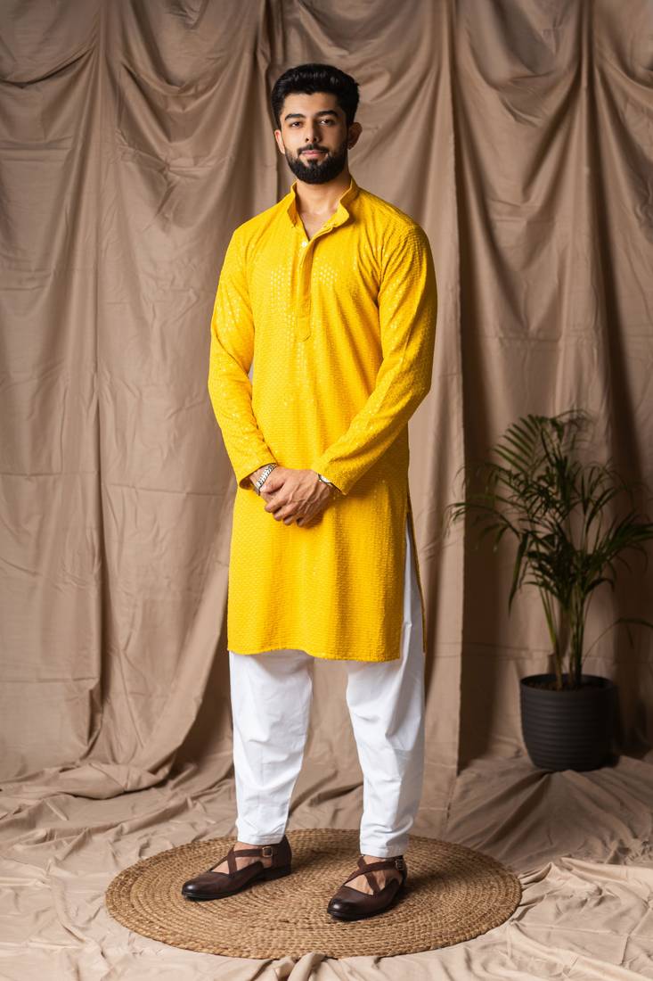 Light yellow color beautiful thread embroidery work rayon fabric ceremonial men's kurta payjama