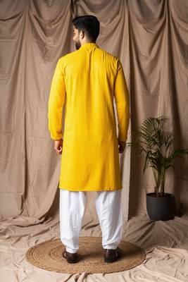 Light yellow color beautiful thread embroidery work rayon fabric ceremonial men's kurta payjama 2