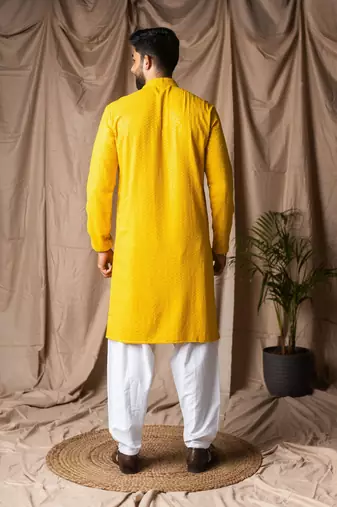Light yellow color beautiful thread embroidery work rayon fabric ceremonial men's kurta payjama