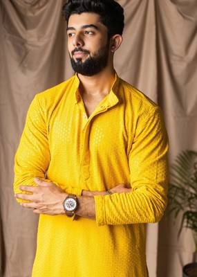 Light yellow color beautiful thread embroidery work rayon fabric ceremonial men's kurta payjama 3