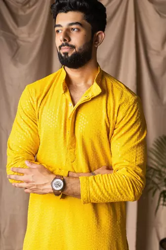 Light yellow color beautiful thread embroidery work rayon fabric ceremonial men's kurta payjama