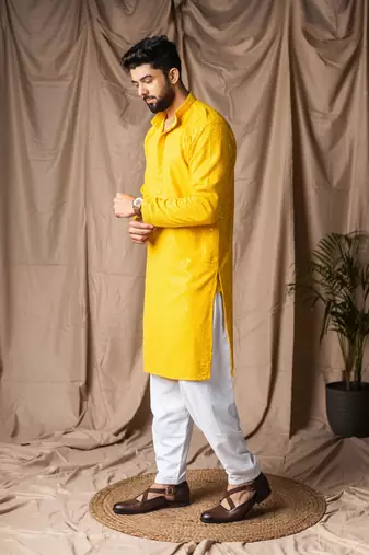 Light yellow color beautiful thread embroidery work rayon fabric ceremonial men's kurta payjama
