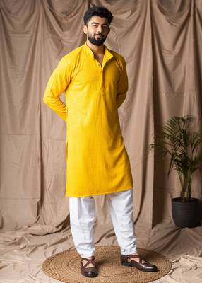 Light yellow color beautiful thread embroidery work rayon fabric ceremonial men's kurta payjama 5