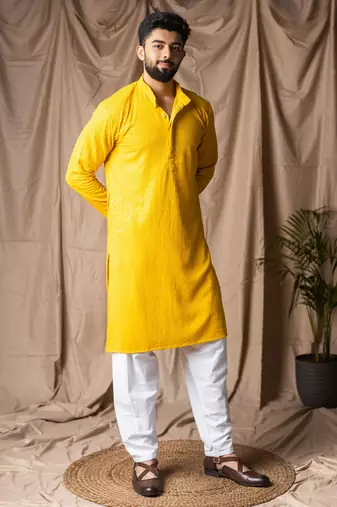Light yellow color beautiful thread embroidery work rayon fabric ceremonial men's kurta payjama
