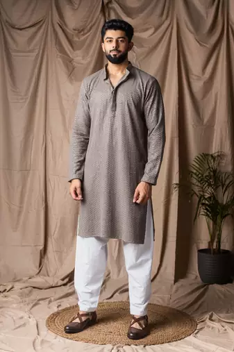 Grey color beautiful thread embroidery work rayon fabric ceremonial men's kurta payjama