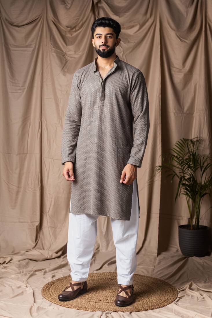 Grey color beautiful thread embroidery work rayon fabric ceremonial men's kurta payjama