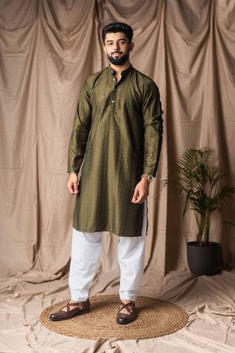 Mehandi green color beautiful thread embroidery work rayon fabric ceremonial men's kurta payjama