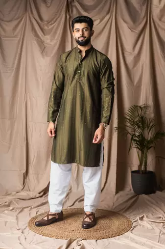 Mehandi green color beautiful thread embroidery work rayon fabric ceremonial men's kurta payjama