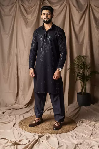 Black color beautiful thread embroidery work rayon fabric ceremonial men's kurta payjama