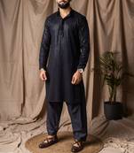 Black color beautiful thread embroidery work rayon fabric ceremonial men's kurta payjama