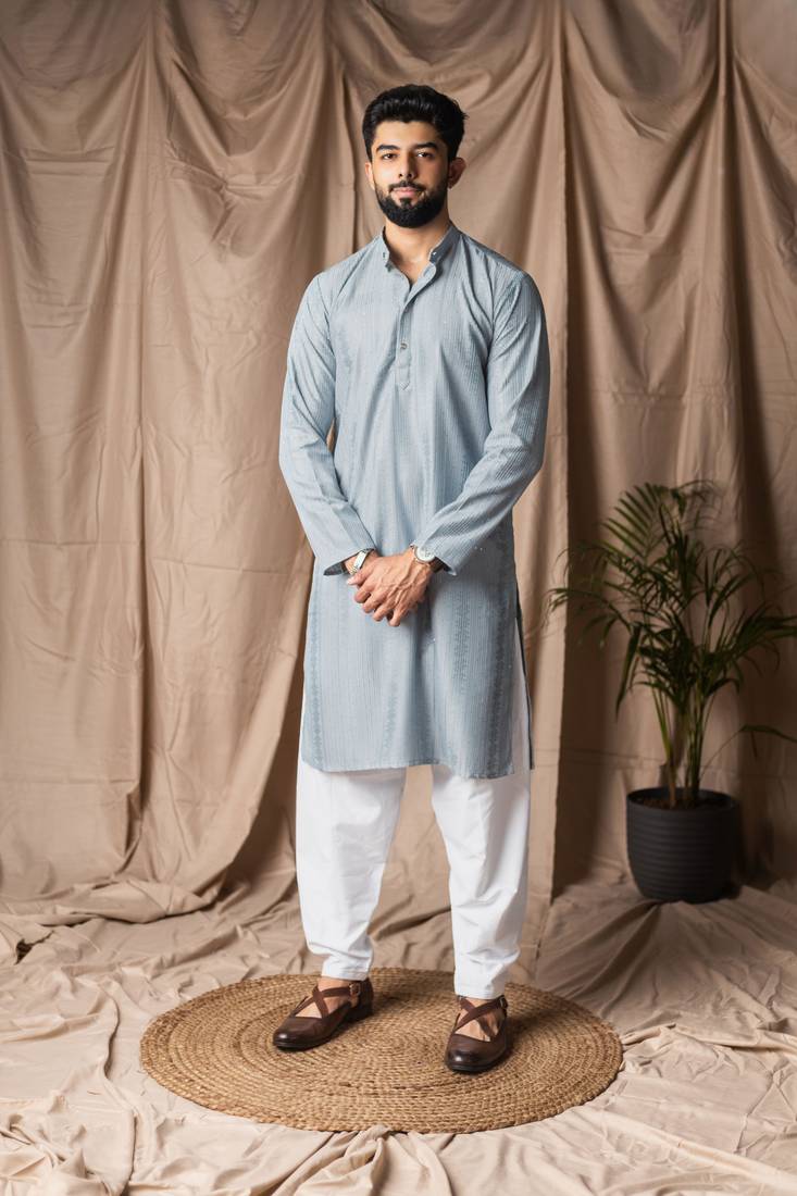Light blue color beautiful thread embroidery work rayon fabric ceremonial men's kurta payjama