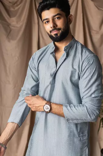 Light blue color beautiful thread embroidery work rayon fabric ceremonial men's kurta payjama