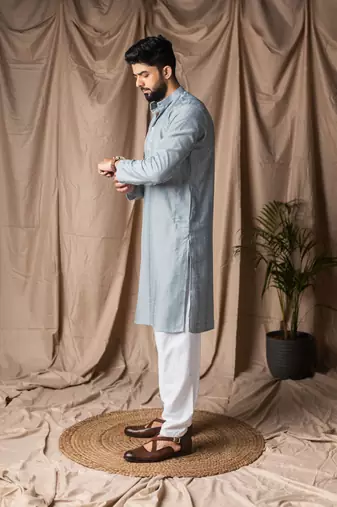 Light blue color beautiful thread embroidery work rayon fabric ceremonial men's kurta payjama