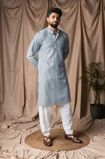 Light blue color beautiful thread embroidery work rayon fabric ceremonial men's kurta payjama