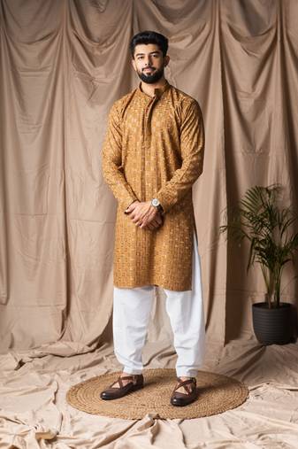 Occur yellow color beautiful thread embroidery work rayon fabric ceremonial men's kurta payjama