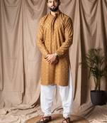Occur yellow color beautiful thread embroidery work rayon fabric ceremonial men's kurta payjama