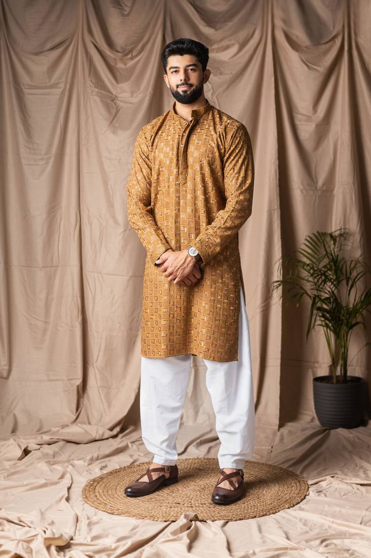 Occur yellow color beautiful thread embroidery work rayon fabric ceremonial men's kurta payjama