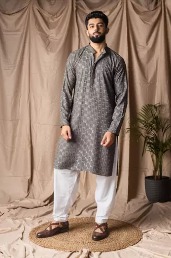 Grey color rayon fabric festive wear ethnic men's embroidered kurta payjama