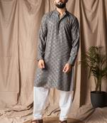 Grey color rayon fabric festive wear ethnic men's embroidered kurta payjama