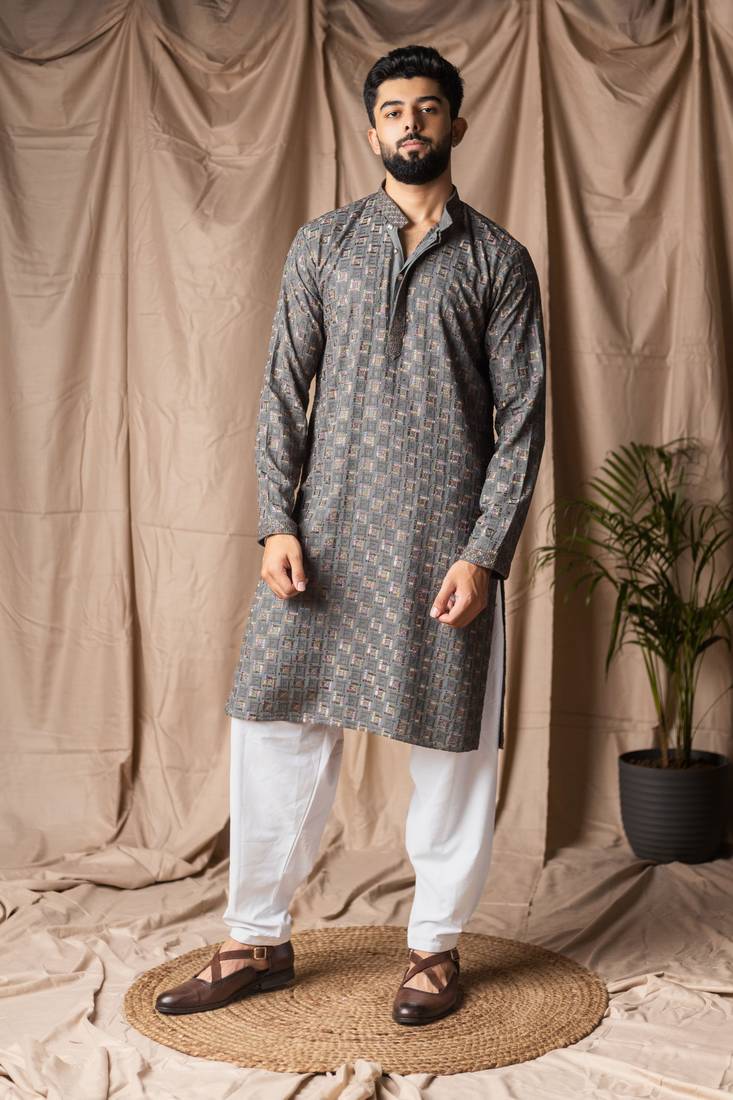 Grey color rayon fabric festive wear ethnic men's embroidered kurta payjama