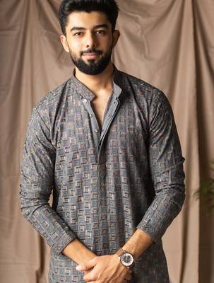 Grey color rayon fabric festive wear ethnic men's embroidered kurta payjama 3