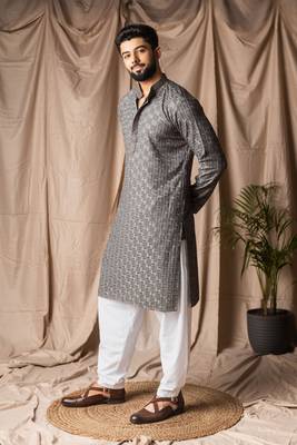 Grey color rayon fabric festive wear ethnic men's embroidered kurta payjama 4